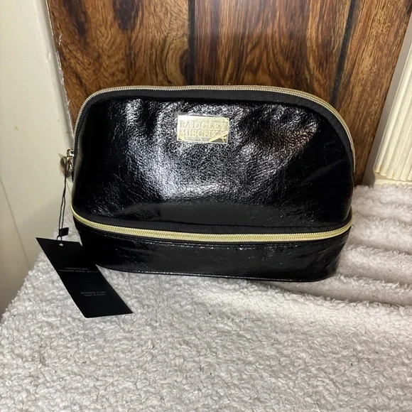 NWT Badgley Mischka Black Patent Cosmetic Pouch with Gold Hardware with bottle - Picture 2 of 6